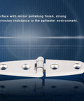 Boat hatch hinges, front view: 316 stainless steel, mirror-polished with screws (4.1x1.1in)