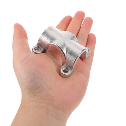 RUNROTOO marine-grade 316 stainless steel tube-to-tube handrail clamp held in hand; fits 1-inch poles