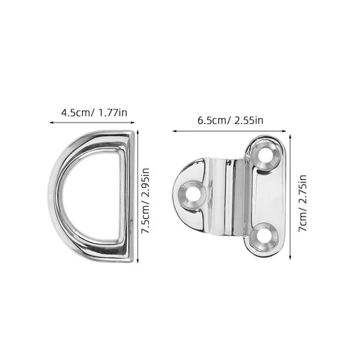 Front and side views of a polished 316 stainless steel D-ring surface-mount tie-down anchor for boats/trailers