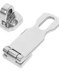Front view of two-piece stainless steel marine door latch set with swivel padlock eye