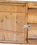 Stainless steel door latch hasp installed on a wooden door; marine-grade hardware