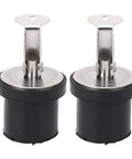 Front view: two 19mm stainless steel compression boat drain plugs with rubber seals and twist-lock tops.