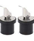 Two Keenso 19mm compression drain plugs with stainless steel tops and black rubber bodies, front view