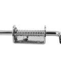 Stainless steel drum-spring latch with mounting plate and curved black handle for boat storage