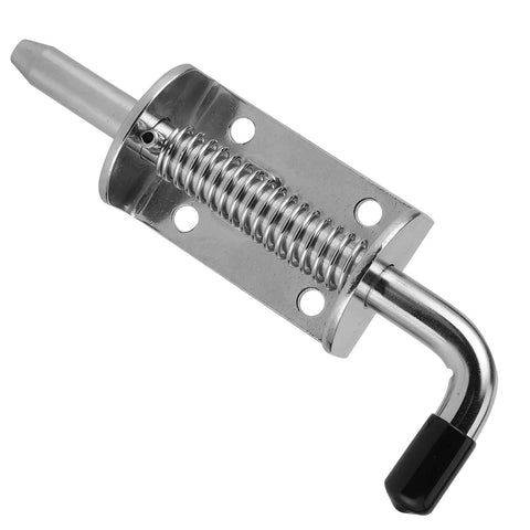 Stainless steel drum spring latch for boats; marine-grade with screw-mount plate and curved handle.