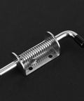 Angled view of Semme drum spring latch for boats; marine-grade stainless steel with mounting base and black handle
