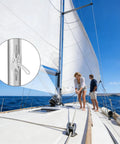 Flagpole rope cleat hook set on sailboat deck; two-piece marine-grade stainless steel hardware; inset shows tied rope.
