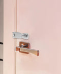 Marine-grade stainless steel gate lock hasp with swivel padlock eye, 75x25mm, installed on a pink door