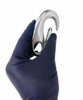 Front view of marine-grade T316 stainless steel gate snap hook, 3-3/4 inches, 1000 lb WLL, held in gloved hand
