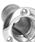 Close-up of a chrome 38mm marine-grade stainless steel water injection port with ball-chain tether and O-ring seal.