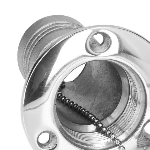Close-up of a chrome 38mm marine-grade stainless steel water injection port with ball-chain tether and O-ring seal.