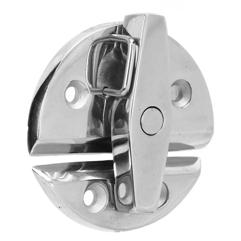 Side view of round stainless steel marine latch with twist catch on circular base for boat hatches and doors