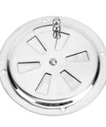 4-inch round stainless steel vent grill base with central mounting post and slotted louvers.