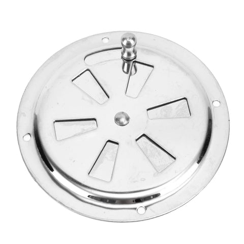 4-inch round stainless steel vent grill base with central mounting post and slotted louvers.