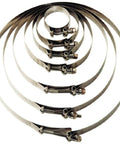 Marine 720 4120 Stainless Steel T Bolt Hose Clamps Three Quarter Inch Wide Band With Range Four Point Seven Eight To Five Point Zero Nine Inches Featuring 316 Stainless Steel Band 18 8 Bolt And Lock Nut Marine Grade displayed in increasing size order.