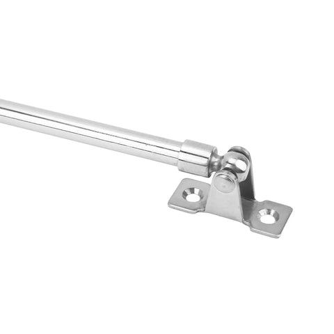 Side view of stainless steel telescoping window/door support rod with mounting bracket, marine-grade 304, 299–534 mm