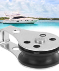 Front view of marine-grade stainless steel bearing wheel pulley with mounting bracket, 25mm wheel