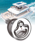 Close-up of marine-grade 316 stainless steel boat hatch latch with red dot indicator and adjustable arm, 2.05in hole.