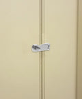 Marine-grade stainless steel gate latch hasp with swivel padlock eye mounted on beige double doors