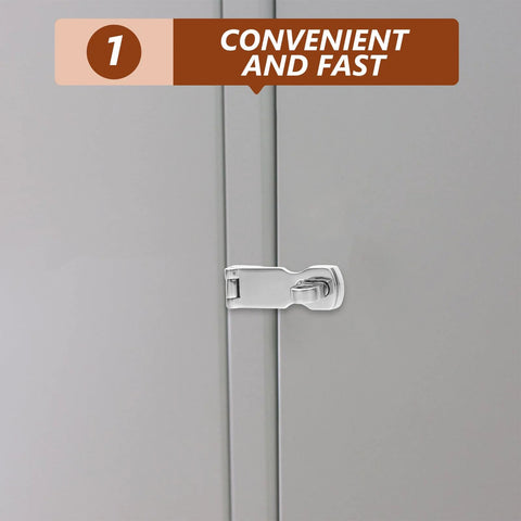 Installed marine-grade stainless steel gate latch hasp with swivel padlock eye on gray metal door