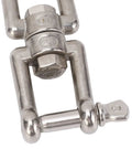 Stainless steel 8-shaped double-ended swivel shackle, 10mm marine ring connector with locking pin.