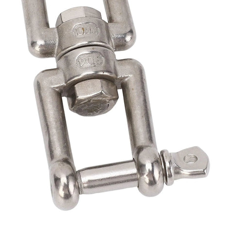 Stainless steel 8-shaped double-ended swivel shackle, 10mm marine ring connector with locking pin.