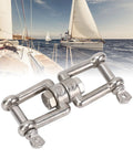 Front view of stainless steel double-ended swivel shackle, 10mm, marine ring connector