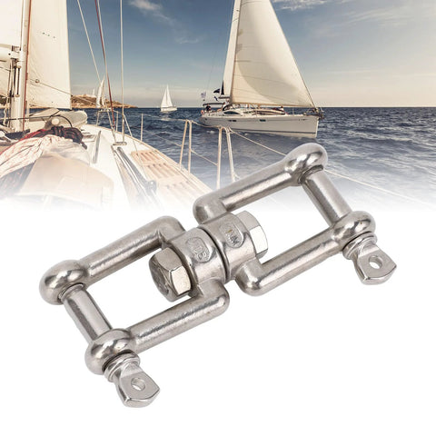 Front view of stainless steel double-ended swivel shackle, 10mm, marine ring connector