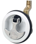 Marine-grade white T-handle surface mount latch with a 3 inch face plate, fits 2.5 inch hole, stainless steel stem, non-locking latch