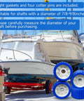 Boat Trailer Roller Kit With 5 Inch Outside Diameter Ribbed PU Wobble Roller For Shafts From Seven Eighths To One And One Eighth Inches Includes Eight Gaskets And Four Cotter Pins Durable Marine Grade Polyurethane with boats in background