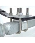 Heavy duty 1/2 inch galvanized U bolts and plate kit for boat trailer axles and leaf springs, mounted on 2x3 square axle