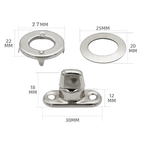 KaiYeA twist lock fastener set, marine-grade chrome finish, eyelet and stud, front view

KaiYeA twist lock fastener set, chrome finish, side view shows base plate and washer

KaiYeA twist lock fastener, chrome finish close-up of eyelet and turning button hardware

KaiYeA twist lock fastener set, chrome finish, installed configuration for canvas mounting