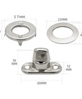 Three-piece marine-grade twist-lock fastener components in silver metal: turn button, washer, and base plate
