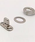 Three-piece marine-grade stainless steel twist-lock fastener set for canvas: base plate with stud, washer, and top ring