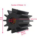 Marine flexible water pump impeller replacement for Jab pumps, 12 blade spline drive design with brass insert, side view