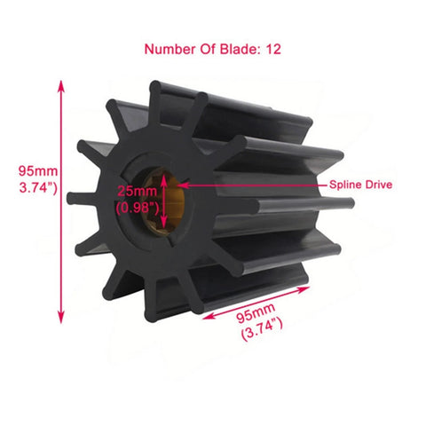 Marine flexible water pump impeller replacement for Jab pumps, 12 blade spline drive design with brass insert, side view