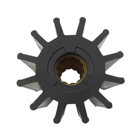 Marine flexible water pump impeller replacement for Jab pumps, 12 blade spline drive, neoprene rubber, brass insert, front view.