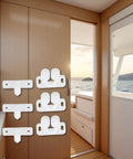 Three Pack White Marine Boat Door Catch Sets With Ball Roller Latches And Spring Back Plates on wooden cabinet door
