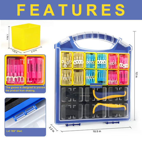 Marine Grade Heat Shrink Wire Connectors Kit With 380 Pieces For 22 To 10 AWG Wiring Including Ring Fork Butt Splices And 12 Sizes Waterproof Brazed Seams Organizer Pro Grade And Nine Inch Crimping Tool From Haisstronica displayed with organizer box and compartments.
