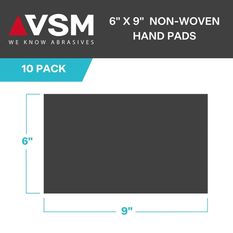 Packaging for Maroon Very Fine Nonwoven Hand Pad 6 x 9 Inch Aluminum Oxide Scrub Pad, 10-pack, product dimensions shown.