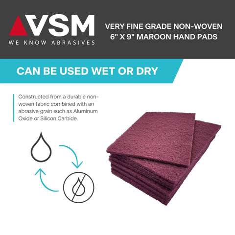 Maroon Very Fine Nonwoven Hand Pad 6 x 9 Inch Aluminum Oxide Scrub Pad stacked, suitable for wet or dry use.