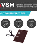 Scissors cutting Maroon Very Fine Nonwoven Hand Pad 6 x 9 Inch Aluminum Oxide Scrub Pad, highlighting flexibility and versatility.