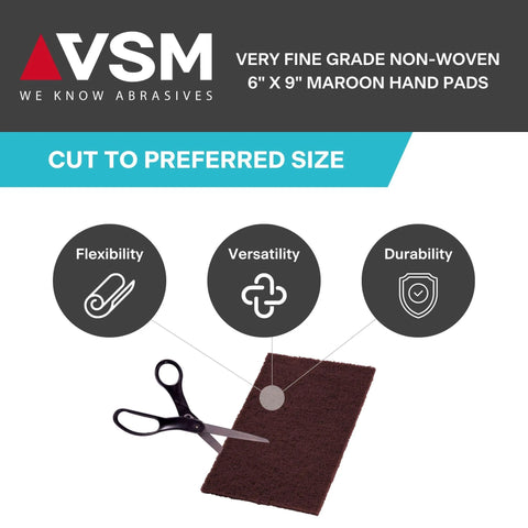 Scissors cutting Maroon Very Fine Nonwoven Hand Pad 6 x 9 Inch Aluminum Oxide Scrub Pad, highlighting flexibility and versatility.