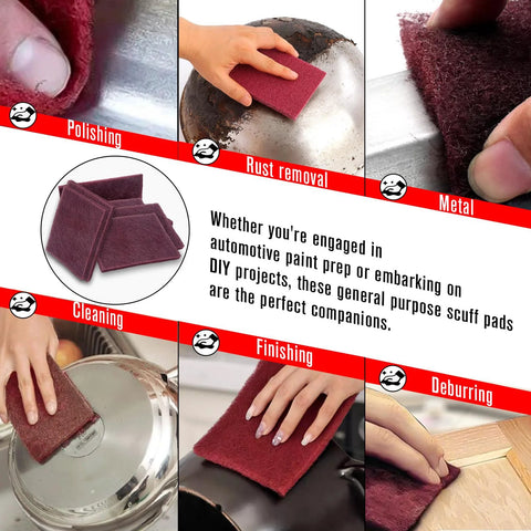 Various uses of Maroon General Purpose Scrub Pad 6x9 Inches 20 Pack for paint prep and scuffing on metal surfaces.