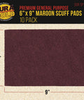 Maroon General Purpose Scuff Pads 6x9 Inch Box Of 10 For Surface Prep Primer, shown with dimensions and packaging details.