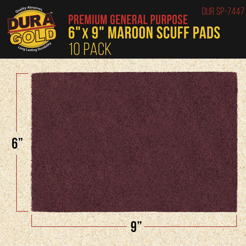 Maroon General Purpose Scuff Pads 6x9 Inch Box Of 10 For Surface Prep Primer, shown with dimensions and packaging details.