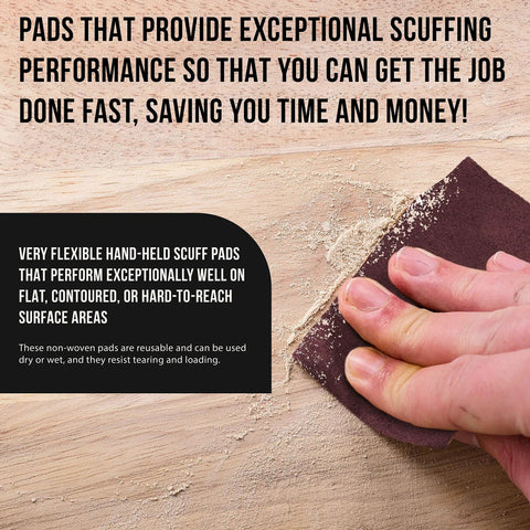 Person using Maroon General Purpose Scuff Pad on wood surface, focusing on flexibility and performance, 6x9 inches, box of 10.