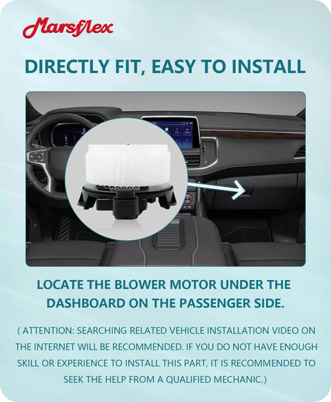 Front HVAC Blower Motor Replacement For Toyota And Lexus By Marsflex installed under passenger dashboard in vehicle interior.