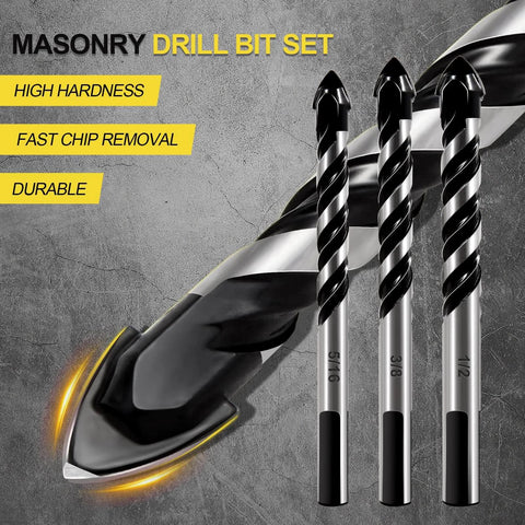 Close-up of Carbide Masonry Drill Bit Set 12 Pieces From One Eighth To One Half Inch, three bits with highlighted tip and text showing features.