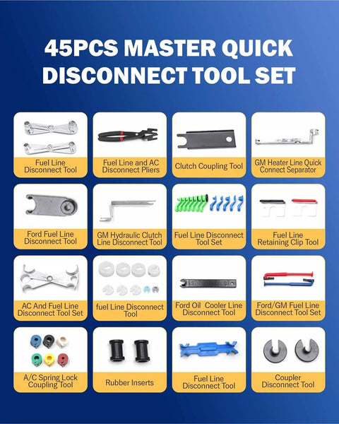 45-piece All In One Master Quick Disconnect Tool Kit For Fuel Lines And A C Systems Transmission Hoses with tools and connectors